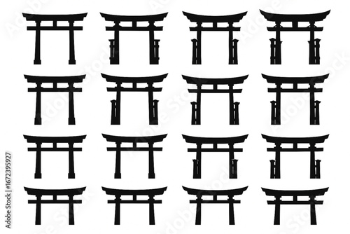 Vector Collection of Traditional Japanese Torii Gates in Black Silhouette Style