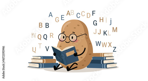 A Potato Character With Glasses Reading Books, Studying, And Learning About Education