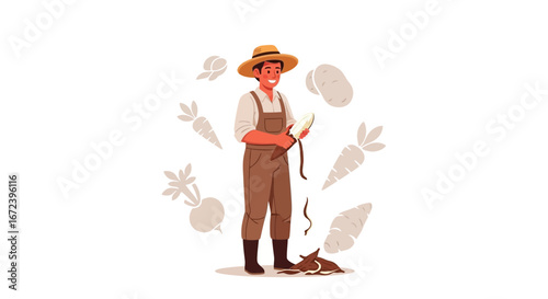 A Cheerful Farmer Peels Vegetables, Fresh Harvest, Agricultural Theme, Organic Food Focus