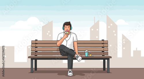A Relaxed Person Savoring Ice Cream While Enjoying Music and a City View