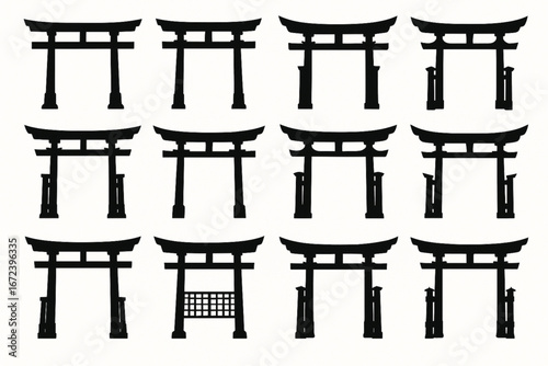 Vector Collection of Traditional Japanese Torii Gates in Black Silhouette Style