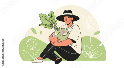 A Serene Gardener Embraces Harvest: Kohlrabi, Nature's Embrace, Peaceful Illustration
