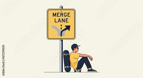 A Skateboarder Pauses Beside a Merge Lane Sign Contemplating Direction and Future Choices