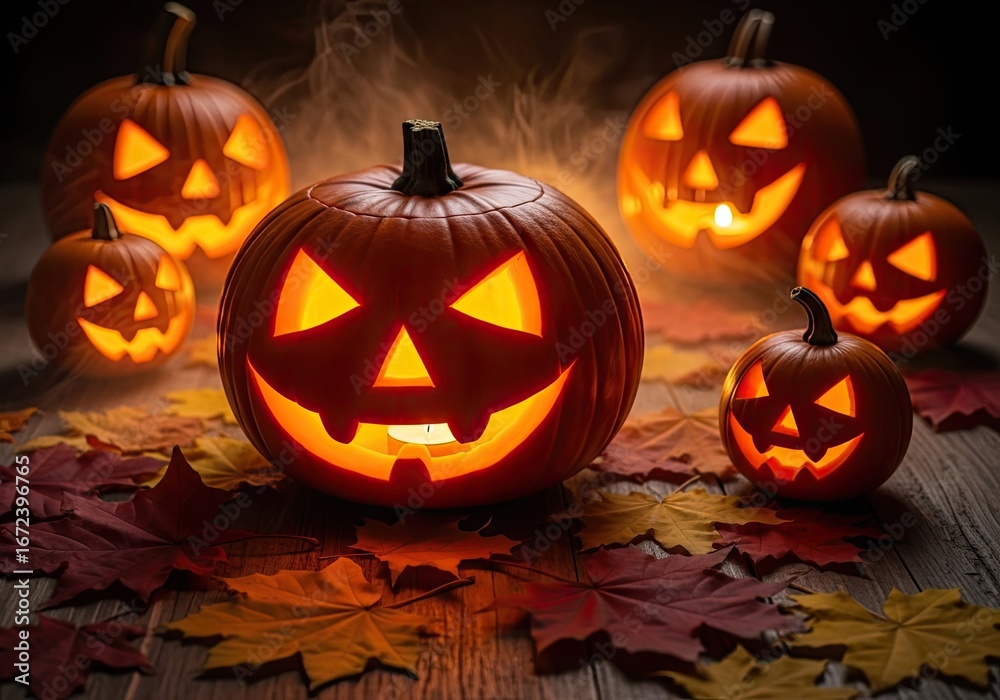 Fototapeta premium Photo of illuminated jackolanterns and autumn leaves create a spooky halloween ambiance, evoking the festive spirit of the season with warm, glowing light