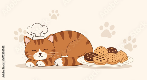 A Smiling Cat Chef Resting Beside A Plate Of Tasty Cookies, Ready To Eat And Enjoy