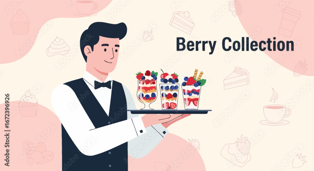 Obraz premium A Smiling Waiter Presents Berry Desserts on a Tray with Elegant Aesthetic Design