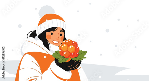A Cheerful Woman Holding Fresh Cloudberries In A Snowy Winter Landscape Scene