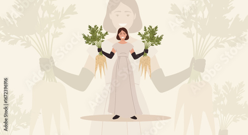 A Cheerful Woman Proudly Showcases Parsnip Harvest, With Elegant Style