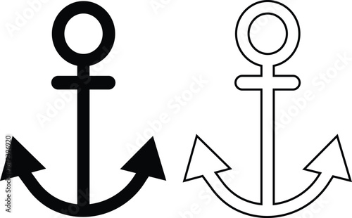 Anchor icons set in black flat and outline vectors designs, nautical marine navy boat ship yacht cruise dock harbor sailing emblem symbols illustration collection isolated on transparent background.