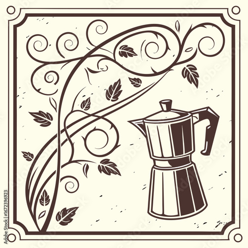 Vintage illustration of a silver coffee pot with a black handle on a black background