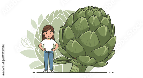 A Cheerful Woman Standing Near An Oversized Artichoke, Fresh Food and Healthy Eating