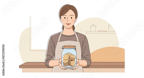 A Smiling Woman Holding a Jar Full Of Chocolate Chips Cookies In The Kitchen