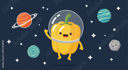 A Cheerful Yellow Pepper Astronaut Exploring The Vastness of Space and Smiling.