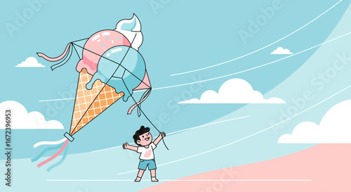 A Cheerful Youngster Soars A Whimsical Ice Cream Kite In A Bright Sky With Joy