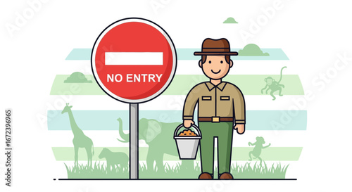 A Cheerful Zoo Keeper Standing Near The No Entry Sign In An Animal Park