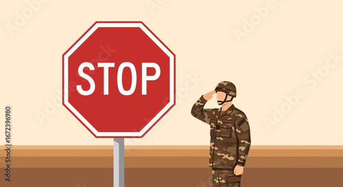 A Soldier Respectfully Responds To The Stop Sign Demanding Peace And Order Forever