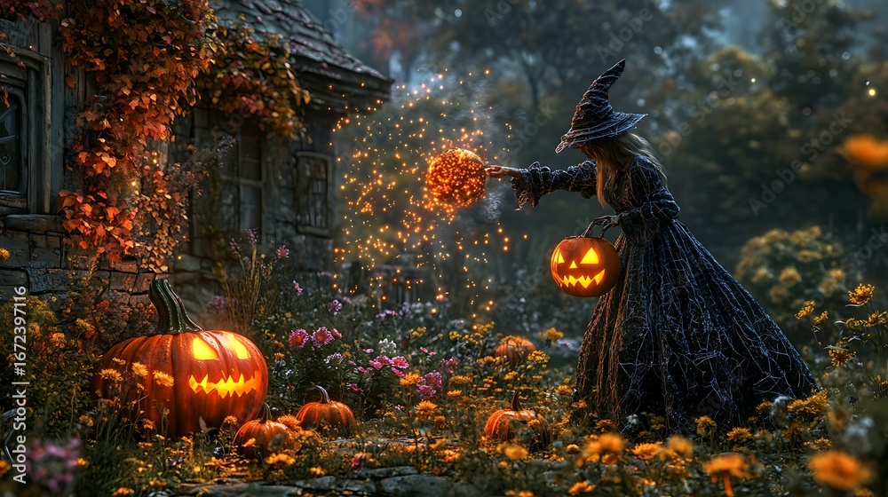 Fototapeta premium Witch conjuring magic with jack o lanterns near a spooky cottage photo