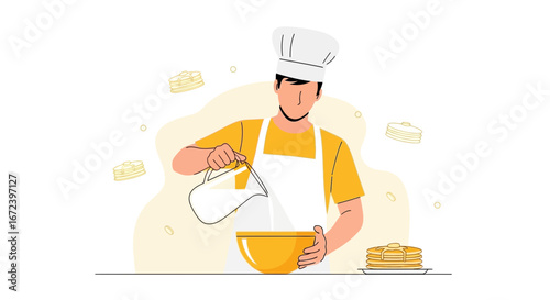 A Chef Making Batter for Delicious Pancakes in a Culinary Process Illustration