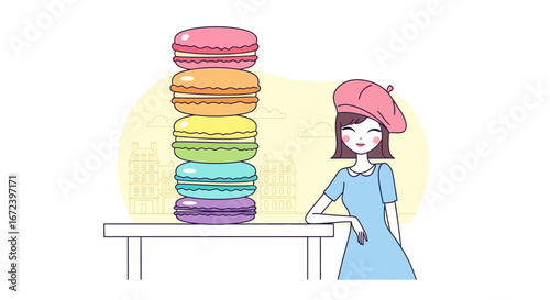 A Stylish Woman And A Colorful Macaron Tower In A Delightful Scene