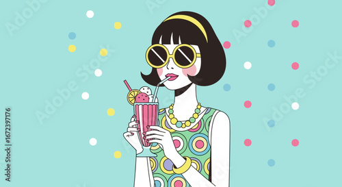 A Stylish Woman Savoring A Refreshing Beverage On A Playful Background Illustration
