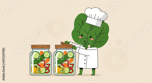 A Chef Preparing Freshly Picked Vegetables in Glass Jars for Pickling or Preservation