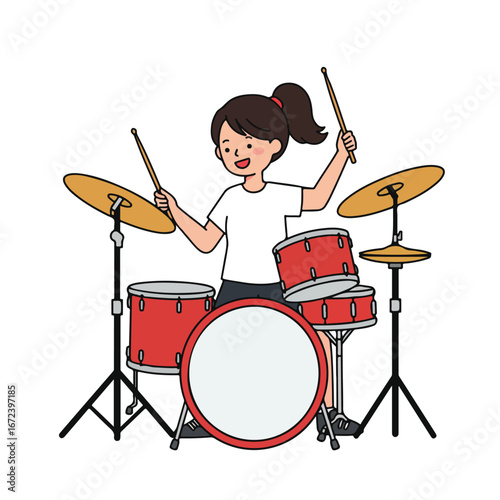 Woman Playing Drums with Sticks on Stage