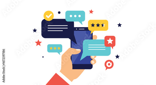 Customer feedback ratings and reviews displayed on a smartphone, modern design concept