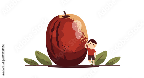A Child Poses Beside a Giant Maroon Fruit with Green Leaves in Illustrative Art