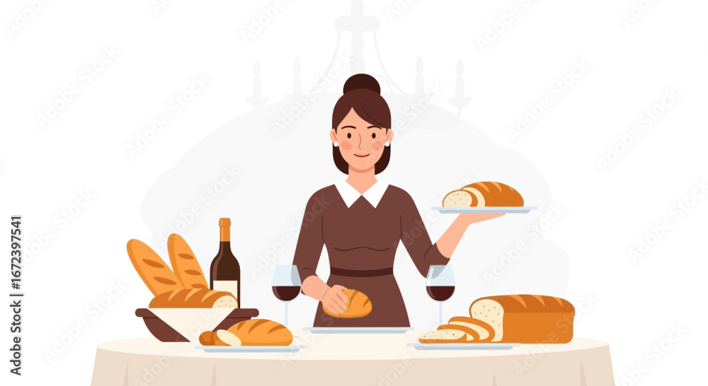 A Waitress Presenting Variety Of Baked Breads On A Table For Delicious Culinary Dining A Waitress Presenting Variety Of Baked Breads On A Table For Delicious Culinary Dining