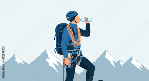 A Climber Consumes Water During The Ascent Against A Mountainous Background