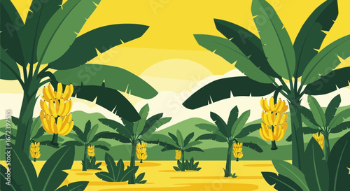 A Vibrant Tropical Paradise Showcasing Lush Banana Trees Beneath A Sunny Sky And Landscape
