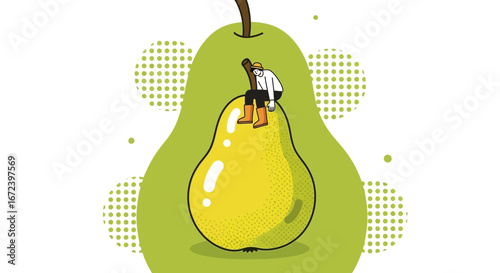 A Weary Figure Rests Atop A Large Pear Against A Backdrop Of Dotted Forms Design