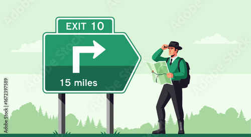A Weary Traveler Examines a Map Near Highway Sign During a Long Journey