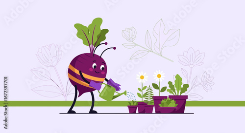 A Whimsical Cartoon Beet Watering Potted Flowers, Gardening And Cultivating Nature