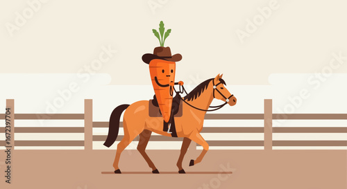 A Cowboy Carrot Rides a Horse in the Corral and Looks Forward to a New Adventure