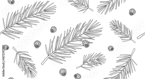 Elegant black and white botanical pattern design with pine needles and pine cones on white