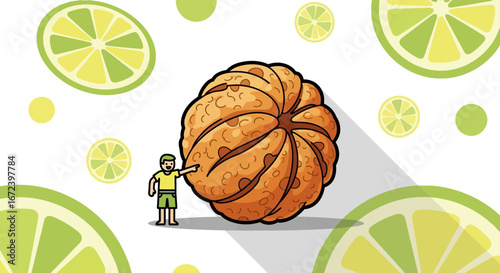 A Whimsical Citrus Fruit Composition Featuring Slices, Oranges, And Playful Character