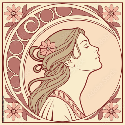 A stunning and elegant woman with long floral hair adorns a beautiful silhouette