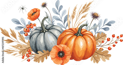 Watercolor pumpkins with floral and foliage arrangement, fall botanical illustration, autumn berries, Halloween design, seasonal rustic harvest composition