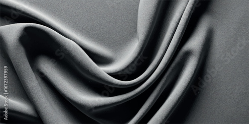Closeup of luxurious gray fabric with soft folds and gentle texture, showcasing elegant drape and subtle sheen