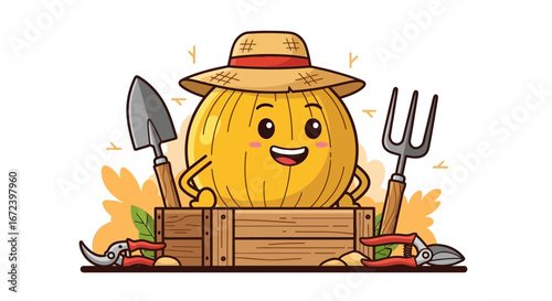 A Whimsical Farmer Onion Character Welcoming The Sun With Garden Tools Illustration
