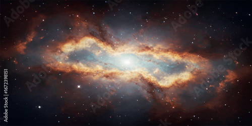 A stunning view of a distant galaxy with glowing gas clouds and a bright central core, filled with countless stars in deep space
