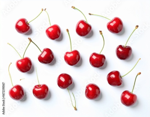 Fresh, ripe cherries scattered on a clean white surface, a vibrant and healthy summer treat.