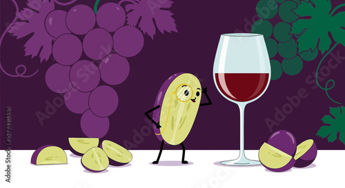 A Wine-Themed Artistic Illustration Depicting Grapes, Wine, And A Lively Grape Character