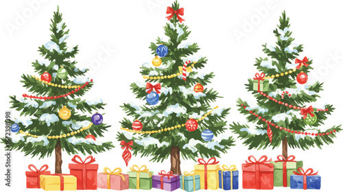 christmas trees with presents and ornaments on a white background