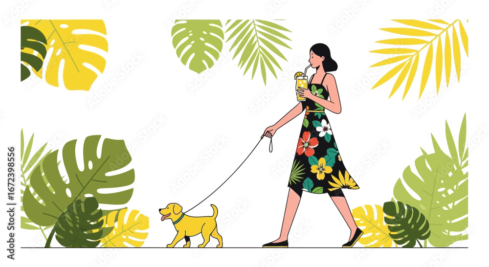 Naklejka premium A Woman Enjoying A Refreshing Drink Strolling With Her Adorable Dog In The Summer Heat