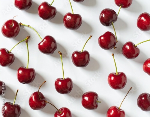 Vibrant fresh cherries scattered on a clean white surface, a delightful summer fruit.