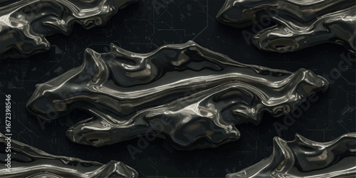Abstract metallic liquid forms with a dark textured background, creating a futuristic and industrial aesthetic