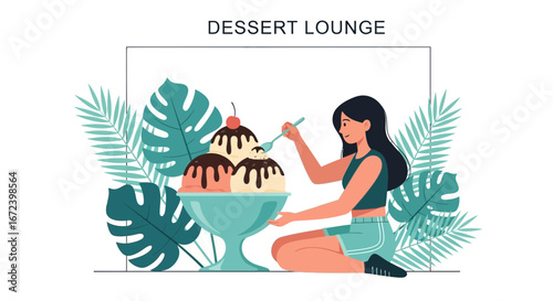 A Woman Enjoying An Exquisite Sundae, An Illustrated Composition, Dessert Lounge Concept