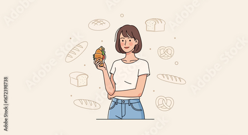 A Woman Holding a Freshly Baked Sandwich Surrounded by Varieties of Bread